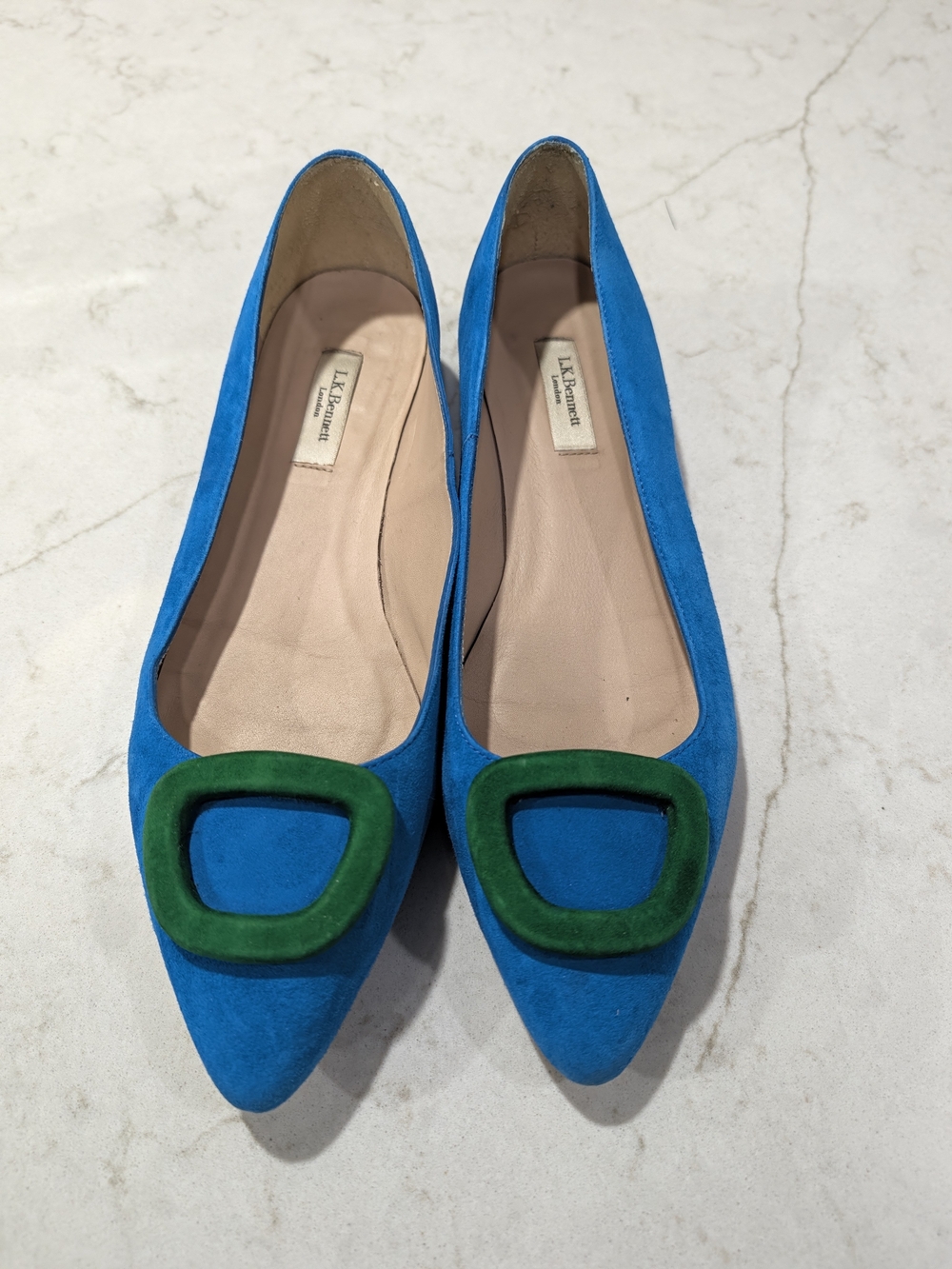 LK Bennett Bright Blue Suede Pointed Flats with Green Buckle
